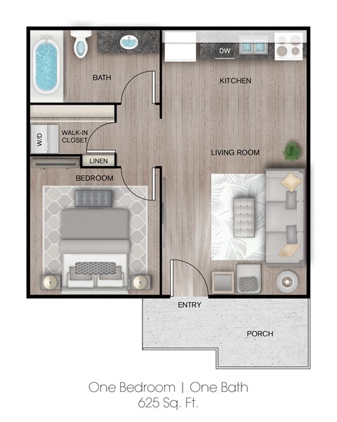 Floor plan for 1 bed, 1 bath, 625 sqft